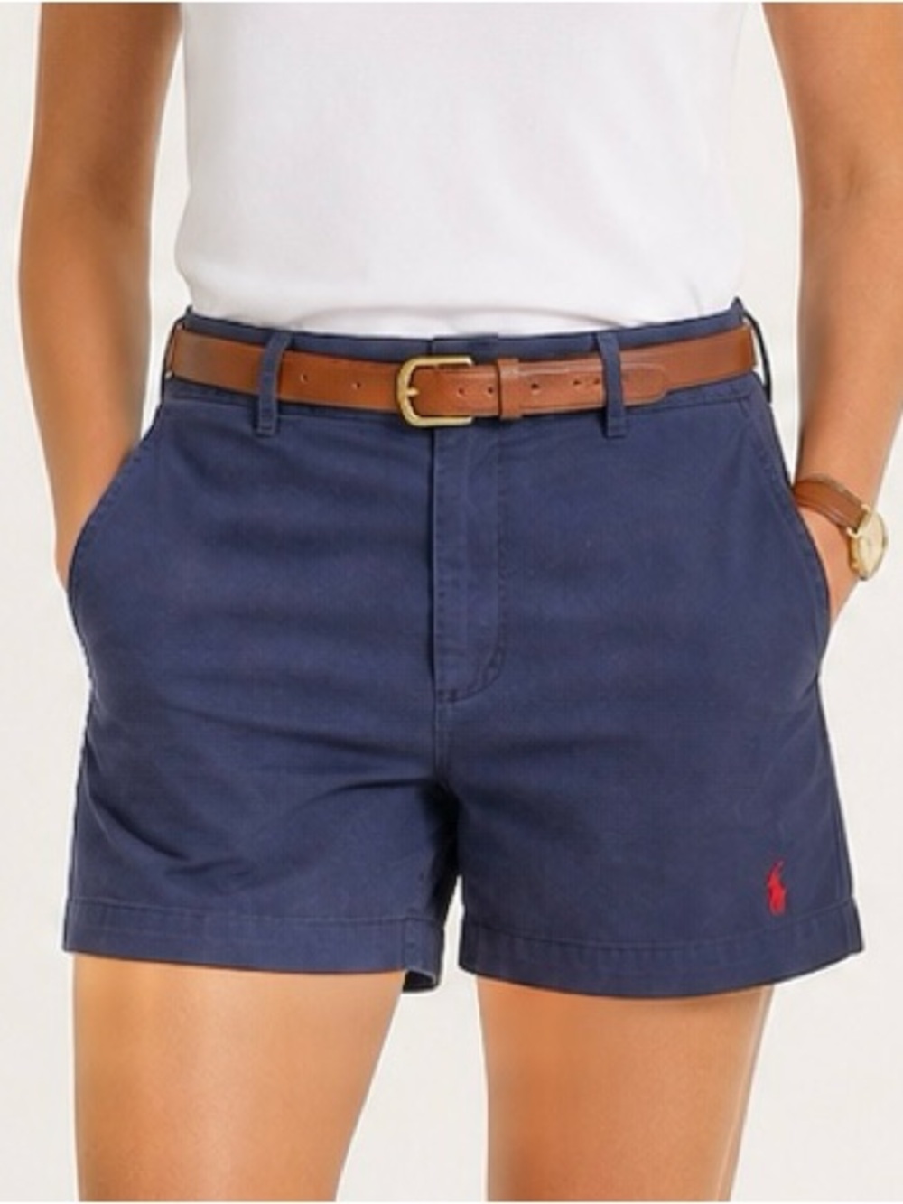 90s Ralph Lauren Sport Chino Shorts Women Navy Blue Red Pony Logo Preppy Golf 5”